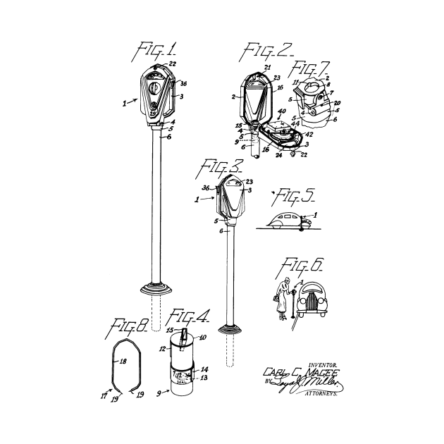 Coin Controlled Parking Meter Vintage Patent Hand Drawing by TheYoungDesigns