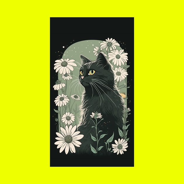 Cute Daisy Flower Floral Aesthetic Black Cat Sage Green by Kertz TheLegend