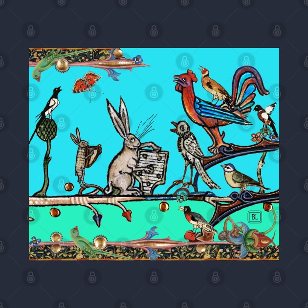 WEIRD MEDIEVAL BESTIARY MORNING MUSIC CONCERT OF RABBITS AND BIRDS IN TEAL BLUE by BulganLumini