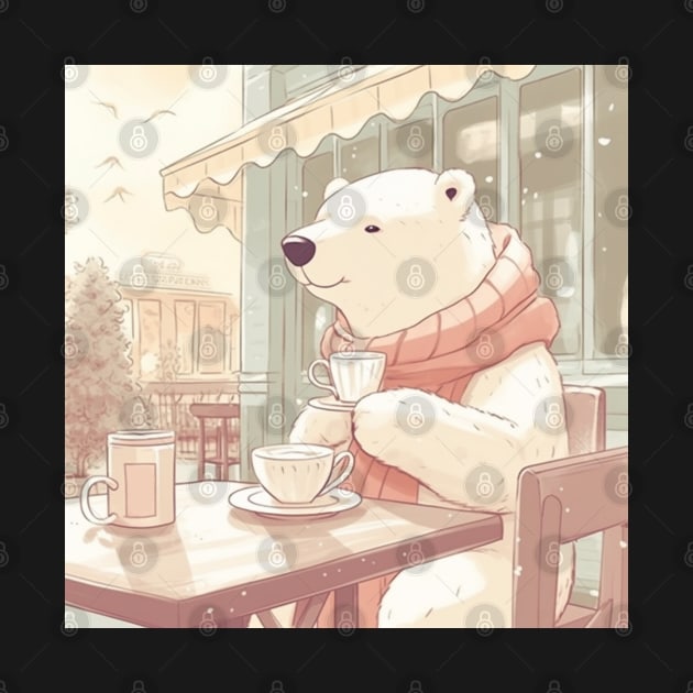 Polar Bear at Cafe, Kawaii, French Style, Coffee, Tea by FrenArt