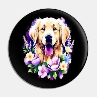 Cute Golden Retriever Surrounded by Beautiful Flowers Pin