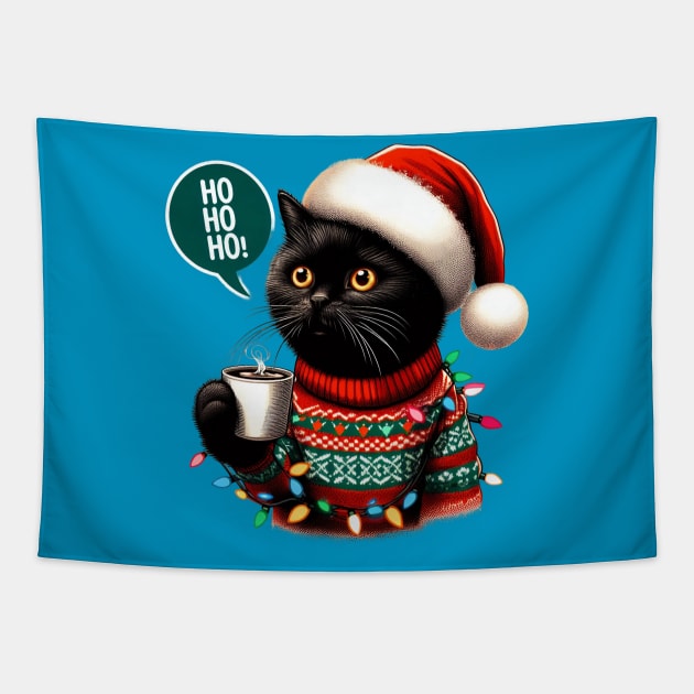 Santa Black Cat Tangled Up In Christmas Tree Lights Holiday Tapestry by BukovskyART