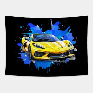 Accelerate Yellow C8 Corvette Racecar Splatter Art Tapestry