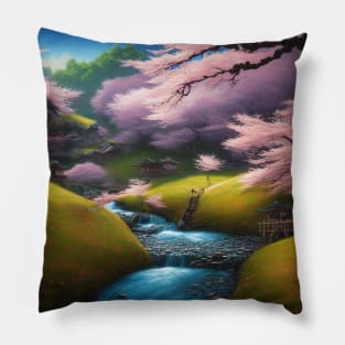 Peaceful Cherry Blossom Landscape Pillow