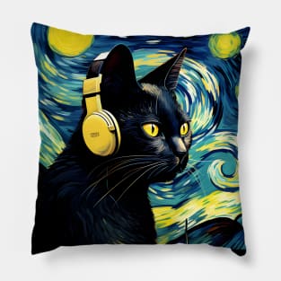 Starry Night Black Cat Wearing Headphones Pillow
