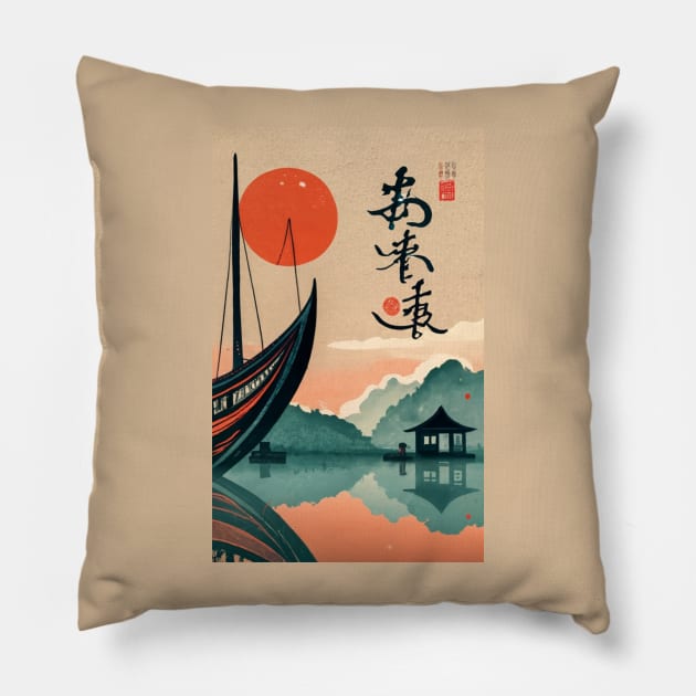 Japanese sunset fishing Pillow by Scar