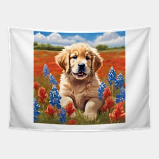 Golden Retriever Puppy in Texas Wildflower Field Tapestry