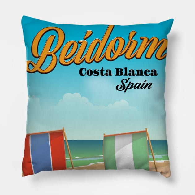 Benidorm Beach poster Pillow by nickemporium1