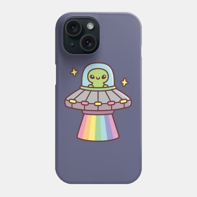 Cute Alien In UFO Spaceship With Rainbow Ray Phone Case by rustydoodle