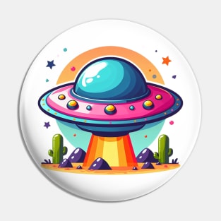 Colorful UFO Flying Saucer Over Desert Pin