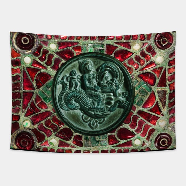 NEREID AND CHERUB RIDING A SEA DRAGON WITH RED GREEN MOTHER OF PEARLS Tapestry by BulganLumini