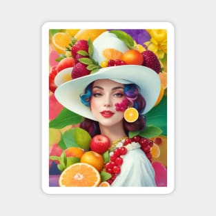 А woman with a white hat and some colorful fruity Magnet