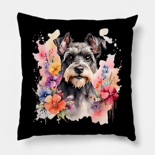 A schnauzer dog decorated with beautiful watercolor flowers Pillow