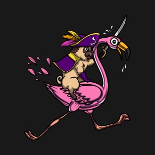 Pug Dog Pirate Riding Flamingo T-Shirt