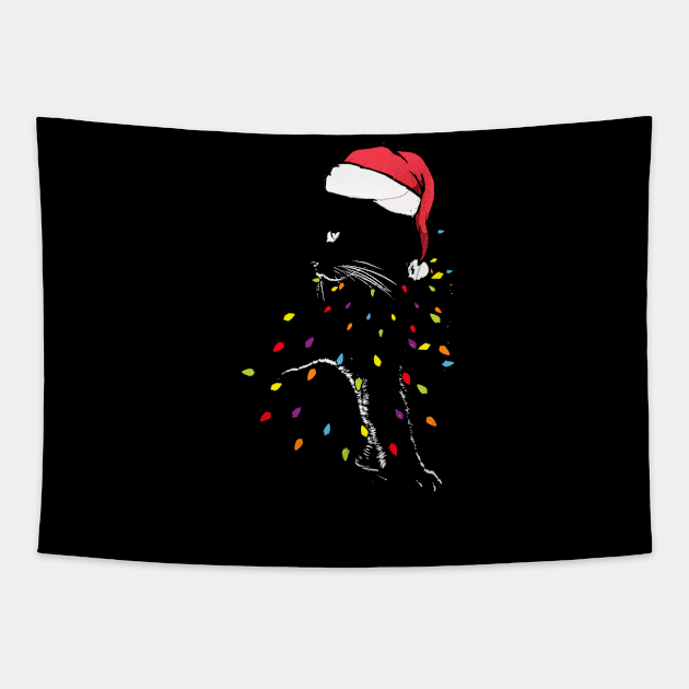 Black Cat christmas light tshirt funny cat lover christmas Tapestry by Ghani Store