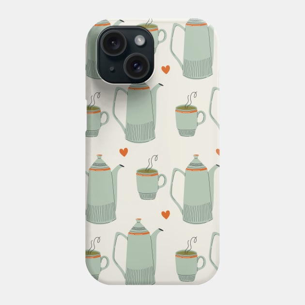 Pattern with ceramic kitchen utensils and hot drink Phone Case by DanielK