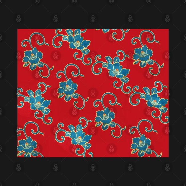 BLUE LOTUS FLOWERS IN ROYAL RED Kimono Style Antique Japanese Floral by BulganLumini