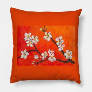 Blossoming Tree Branch With White Flowers Painting Pillow