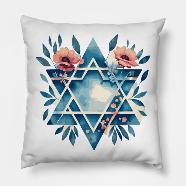 Israeli flag watercolor with flowers Pillow by Mey Designs