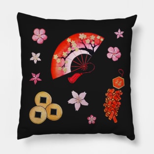 Watercolor Lunar New Year Cherry Tree Fan set Pillow