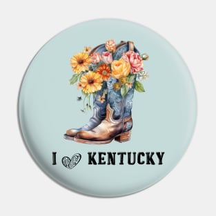 I Love Kentucky Boho Cowboy Boots with Flowers Watercolor Art Pin