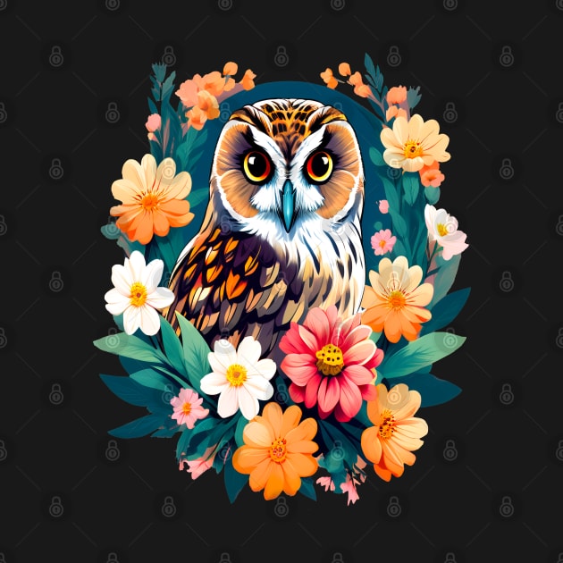 A Cute Short Eared Owl Surrounded by Bold Vibrant Spring Flowers by BirdsnStuff