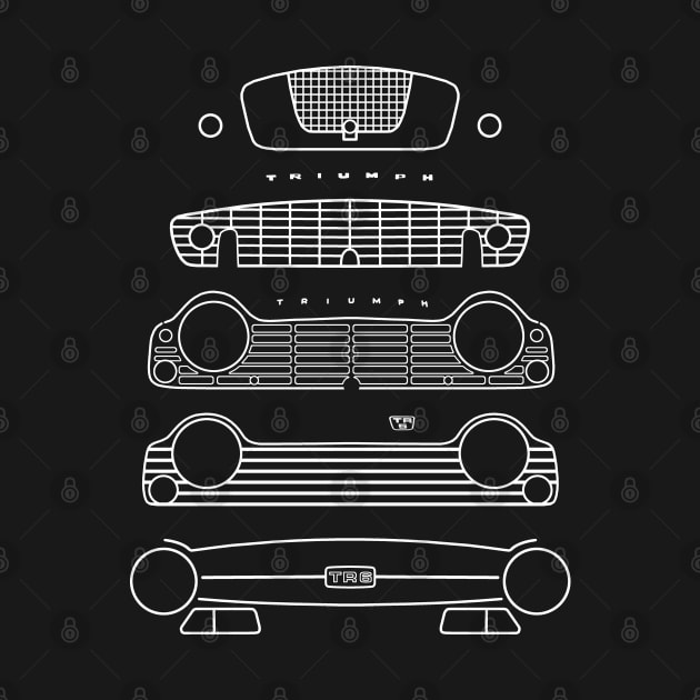 Triumph TR evolution classic 1950s-1960s British sports cars white outline graphic by soitwouldseem