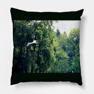 Great Blue Heron Flying Past the Trees Above Trojan Pond 2 Pillow