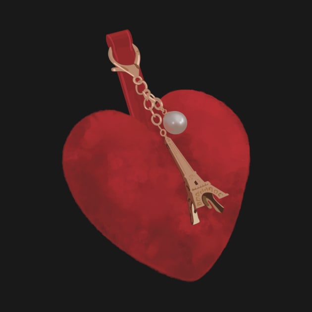 Red fluffy heart keyring with the Eiffel Tower charm in rose gold and a white perl. by Tana B 