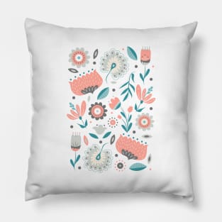 Folk art Florals in Gray + Coral Pink Pillow