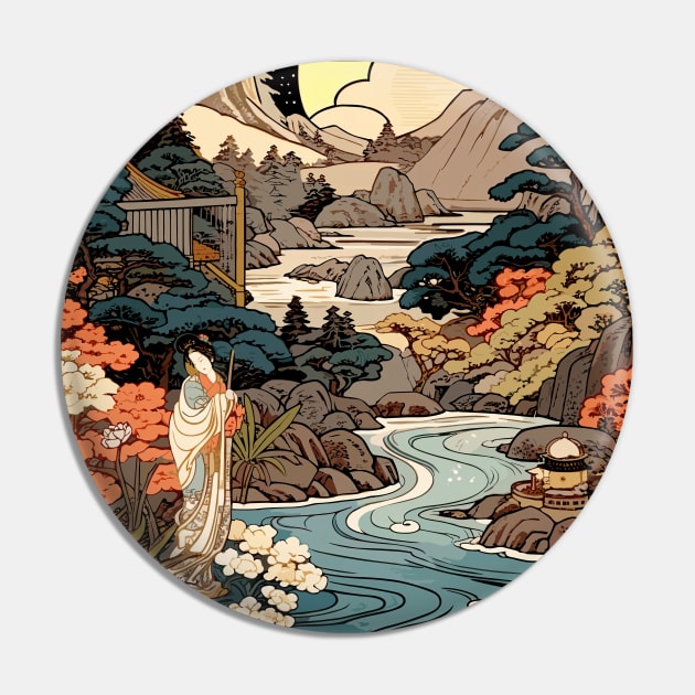 Japanese Zen Landscape Nature Scene Woodblock Painting Style Pin by entwithanaxe