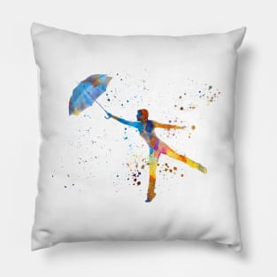 happy woman holding umbrella silhouette in watercolor Pillow