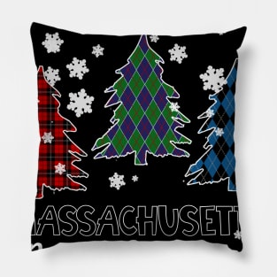 Massachusetts Merry Christms Buffalo Plaid Xmas Tree  Pillow