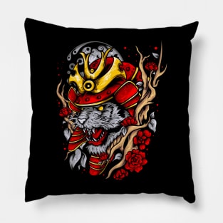 colorful tiger head in samurai helmet surrounded Pillow