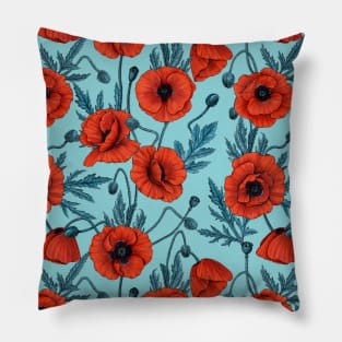 Poppies, red and blue on pool blue Pillow