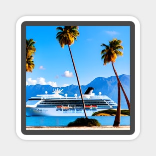 A Cruise Ship Sailing Past A Tropical Island With Mountains In The Background Magnet