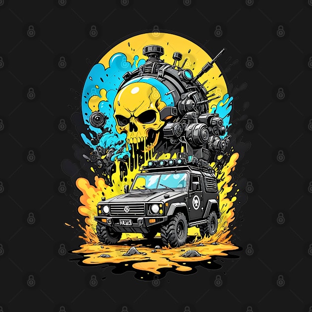 Apocalyptic cyberpunk truck feral skull futuristic poster design by Neon City Bazaar