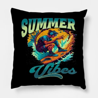 Summer Vibes, Hello Summer Vintage Funny Surfer Riding Surf Surfing Lover Gifts Pillow