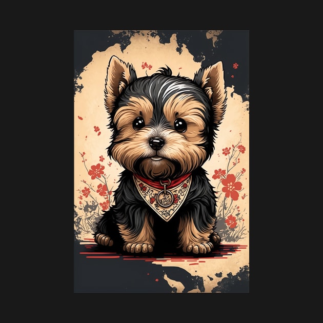 Super Cute Yorkshire Terrier Puppy Portrait Japanese style by KoolArtDistrict