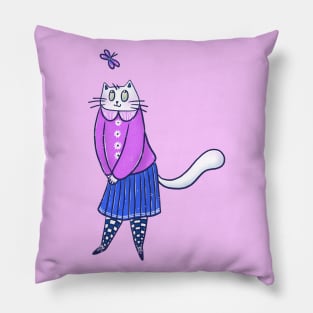 Cute girly white cat and purple butterfly Pillow