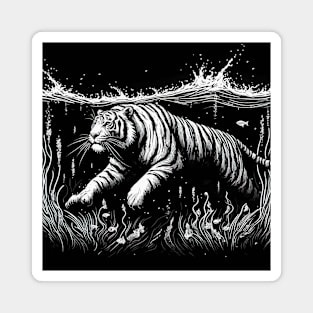 Monochromatic Outline Swimming Tiger in Water Magnet