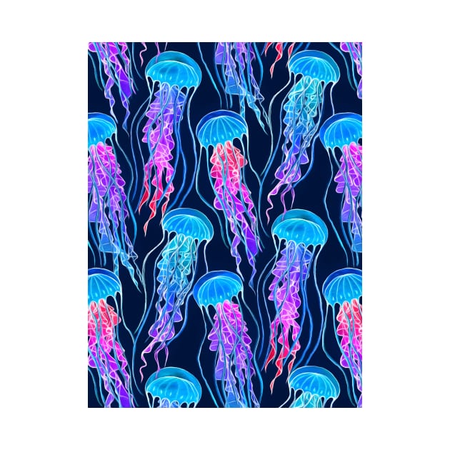 Luminescent Rainbow Jellyfish on Navy Blue by micklyn