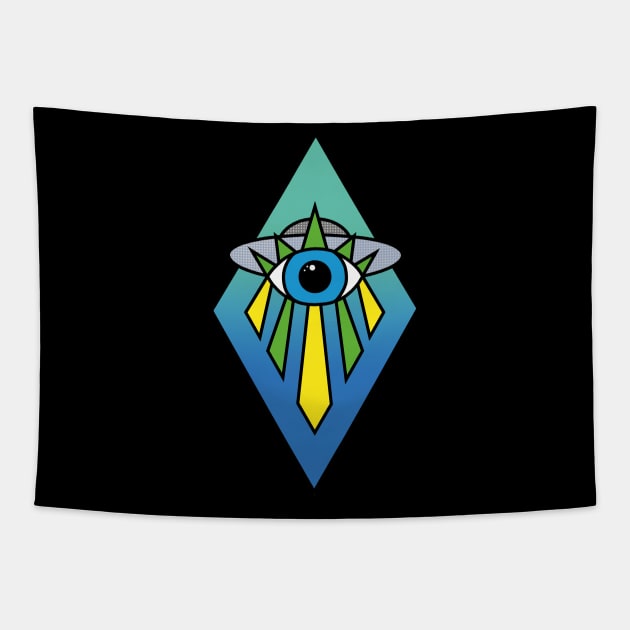 Illuminati Pyramid UFO Evil Eye Art Deco Geometric Diamond Shape Green Blue Sea Sky Space Tapestry by Ciara Shortall Art