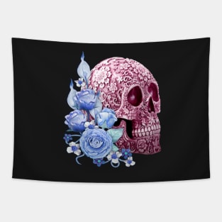 Unique Cool Pink Floral Blue Flowers Skull Tapestry