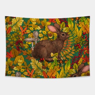 Autumn Rabbit  on green Tapestry