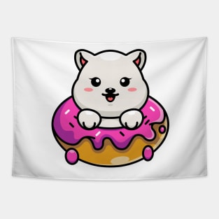 Cute baby polar bear with doughnut cartoon Tapestry