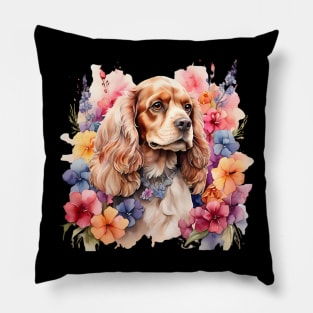 An american cocker spaniel decorated with beautiful watercolor flowers Pillow