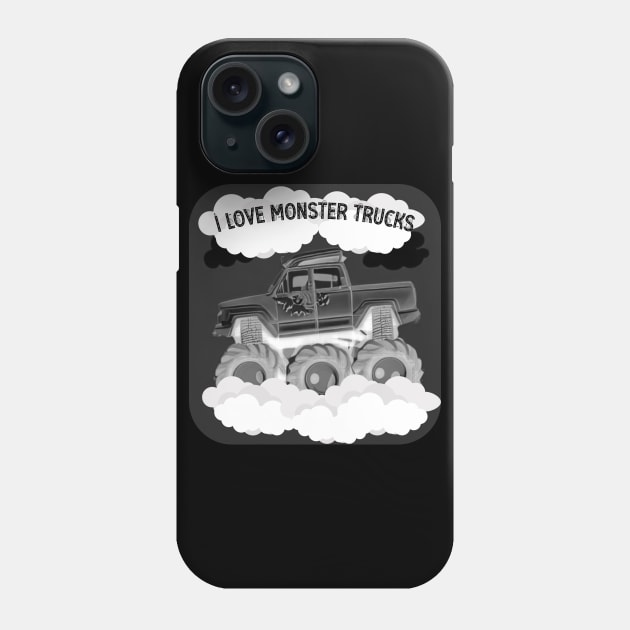 I Love Monster Truck Black and White Design Phone Case by The Friendly Introverts