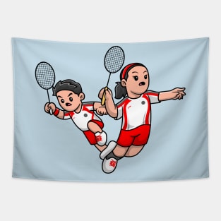 Cute Boy And Girl Playing Badminton Cartoon Tapestry