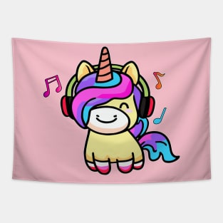 Happy smiling baby unicorn with headphones. Kawaii cartoon Tapestry